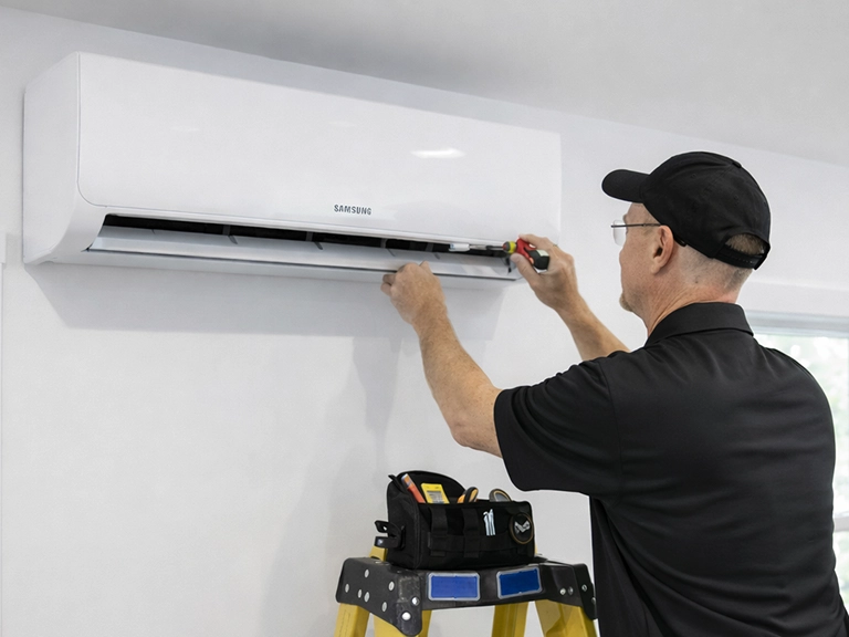 Worker installing heat pump